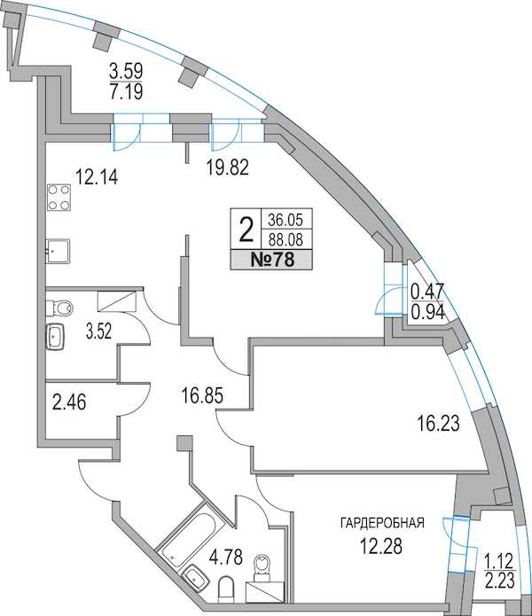 Двухкомнатная квартира в Мегалит-Охта Групп: площадь 88.08 м2 , этаж: 13 – купить в Санкт-Петербурге